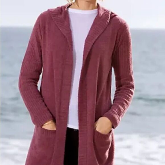 Barefoot Dreams CozyChic Lite Relaxed Hooded Long Cardigan Berry Rose Size Small - Picture 9 of 13